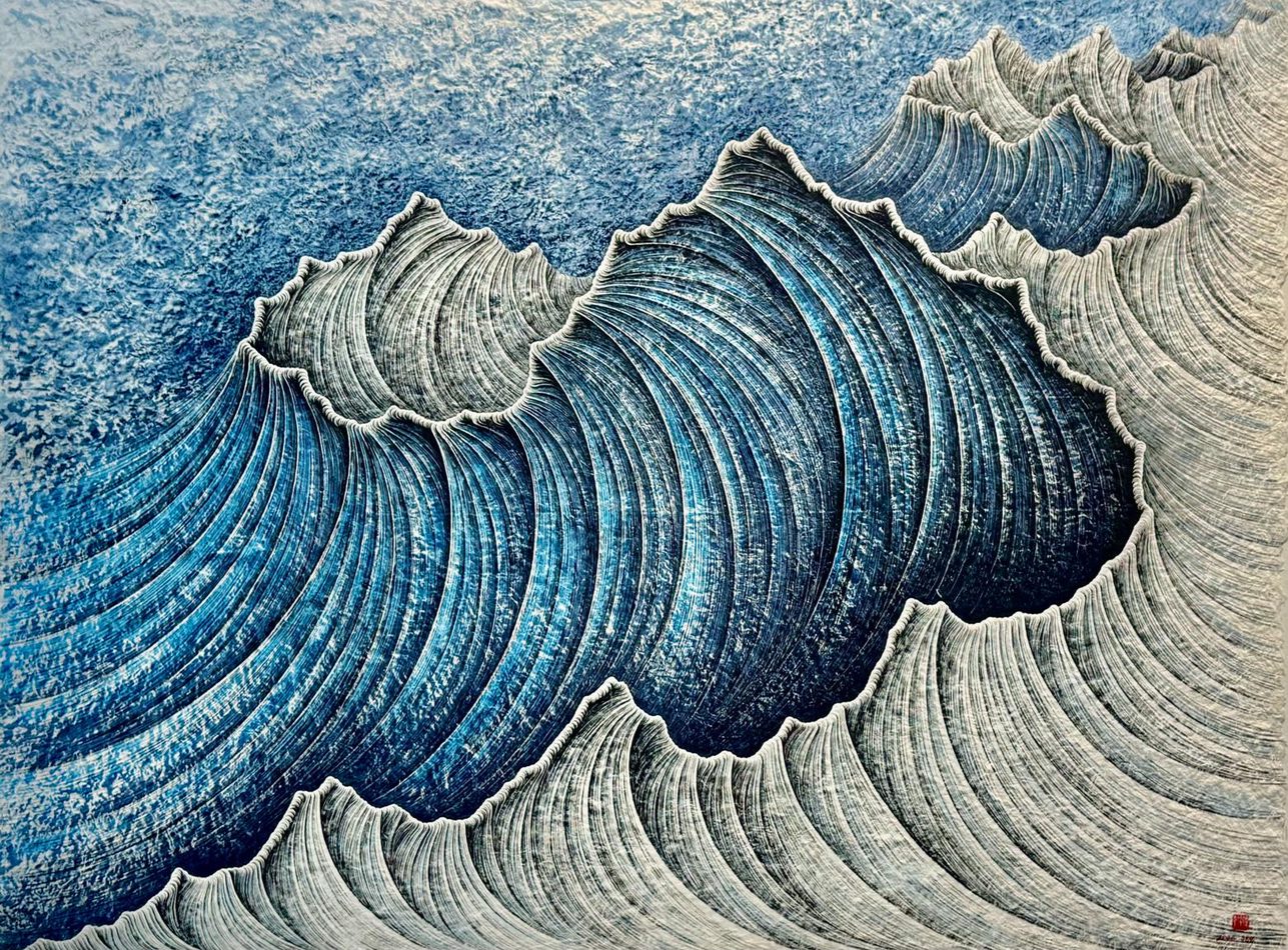 Contemplation, Ink, pigment on handmade Korean mulberry paper by artist, 2025, 130 �� 98 cm